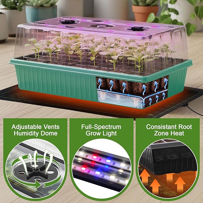 60-Cell Self-Watering Seed Starter Tray with Grow Light, Indoor Seed Starting Kit Trays with Heat Mat, Adjustable Brightness Plant Germination Trays Growing Kit with 4.13" Humidity Dome for Seed Grow
