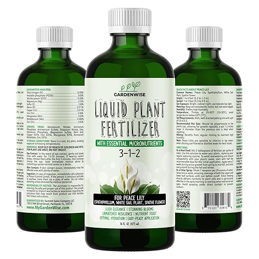 GARDENWISE Peace Lily Fertilizer: 3-1-2 Liquid Fertilizer with Essential Micronutrients - The Ultimate Food for Spathiphyllum, Perfect for Indoor Plants (8 OZ)