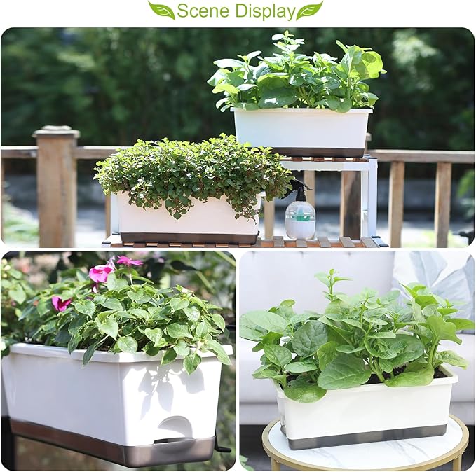 Oliz Window Box Planter 8 Pcs, 17 Inches Rectangle Flower Pots with Drainage Holes & Trays, Vegetable Planters for Windowsill Patio Garden Balcony Home Indoor Outdoor (White, 16 * 7 * 6 inch)