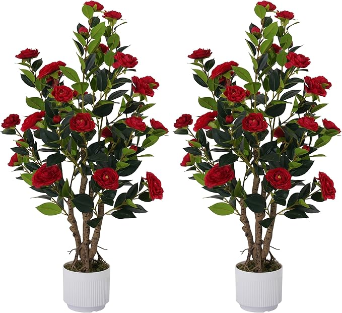 2 Pack Artificial Camellia Tree with White Pot, 38" Faux Potted Plants for Indoor Outdoor Decor, Tall Silk Greenery Plant for Home Offce Living Room Balcony,White, Red