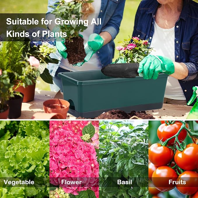 Oliz Window Box Planter 8 Pcs, 17 Inches Rectangle Flower Pots with Drainage Holes & Trays, Vegetable Planters for Windowsill Patio Garden Balcony Home Indoor Outdoor (Dark Green, 16 * 7 * 6 inch)