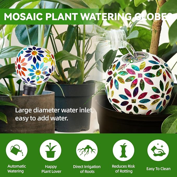 VOREEN Mosaic Plant Watering Globes 2 Pack 500ml with Terracotta Spikes, Handmade Self-Watering Stakes for Indoor/Outdoor, Gift for Garden Lover, Automatic Watering Devices (Multi Colored Flowers)
