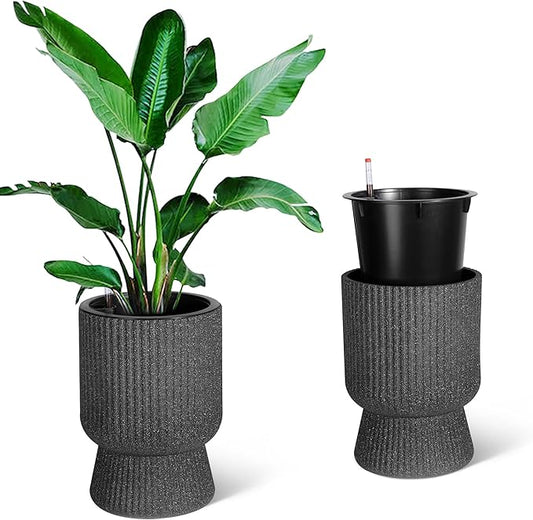 TROPOW 14 Inch Plant Pots, Self Watering Planters Set of 2 with Drainage Holes, Tall planters for Indoor Plants, Flower Pots with Water Level Monitor, for Patio, Porch, Living Room, Home Office