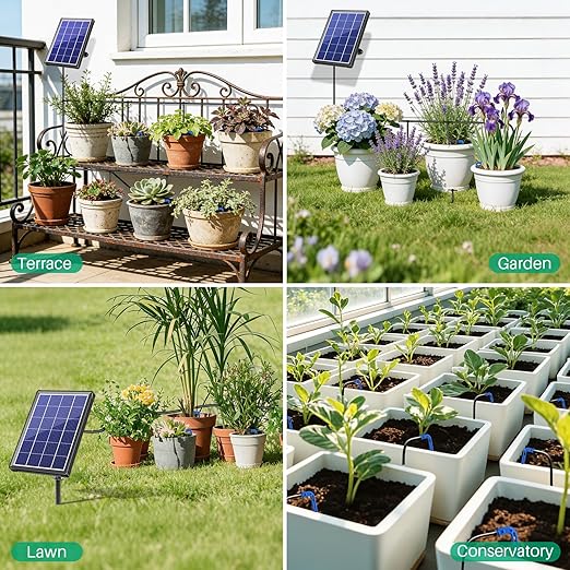 NFESOLAR 4W Solar Automatic Drip Irrigation Kit with LCD Timer, Customizable Watering Duration 1–30min & Interval 3h–7d, Anti-Siphoning Device for Potted Plants, Balcony, Garden, Patio, Vacation
