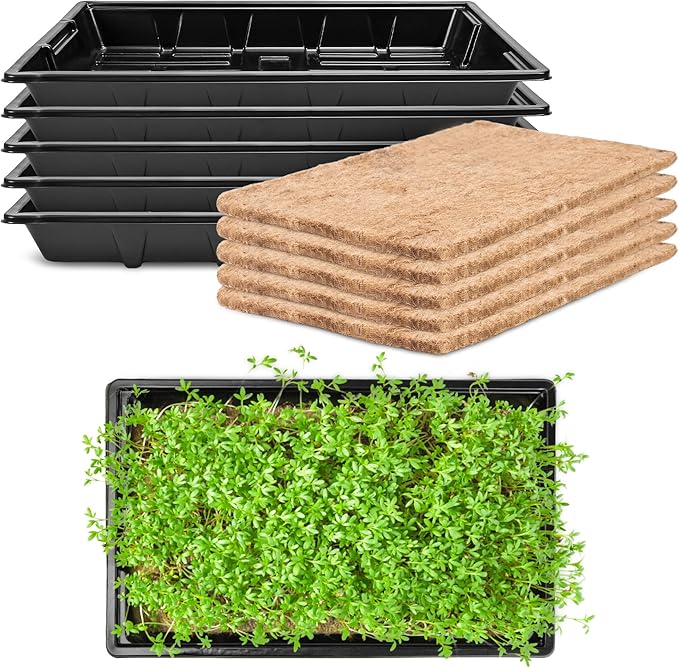 Pack 8 Seed Sprouter Tray with Plant Hemp Fiber Grow Mat,Microgreens Growing Kit for Seedling Wheatgrass Hydroponic,Wheatgrass Sprouting Tray, Greenhouse Seed Starter Trays (5 Pack)