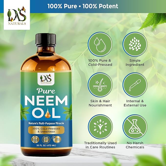 Pure Neem Oil for Plants, Hair Growth & Skin — 100% Cold-Pressed Unrefined Concentrate | Indoor, Outdoor Garden | Face, Scalp, Nails, Pets | 16 fl oz