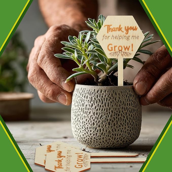Sieral 50 Pcs Wooden Teacher Appreciation Plant Tags Sign, Thank You for Helping Me Grow, Hexagon Plant Tags, Grow Succulent Gift Card Graduation Gifts Stakes Labels Garden for Baby Shower