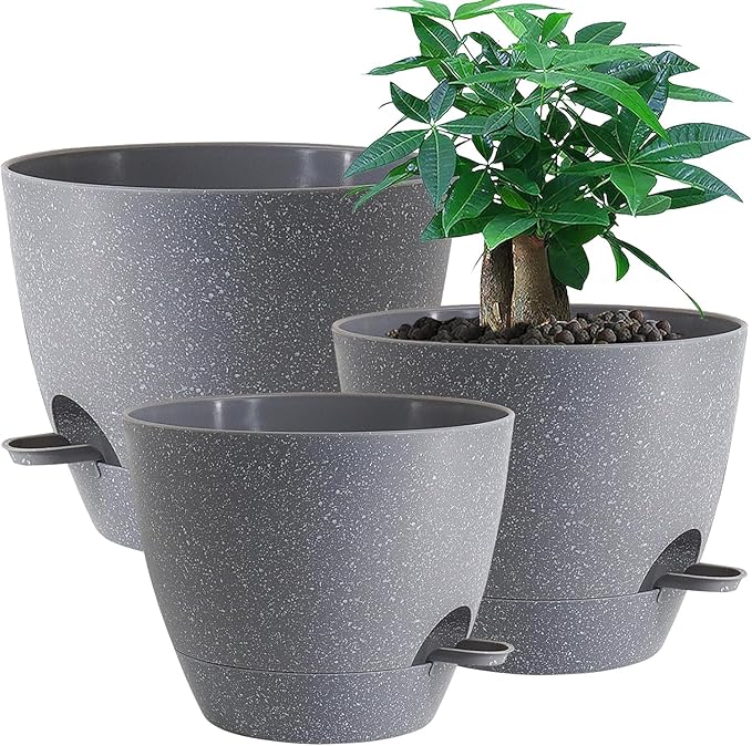 UOUZ Large Self Watering Pots, 12/10/9 Plastic Planters with High Drainage Holes and Deep Reservoir for Indoor Outdoor Garden Plants and Flowers, Grey Speckles