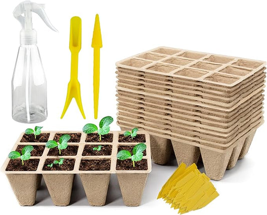 SYITCUN 240 Cells Seed Starter Tray, 20 Pack Seed Starter Kit for Planting Seeds, Biodegradable Peat Pots, Value Germination Kit with 200 Plant Labels, 2 Transplanting Tools, 1 Spray Bottle