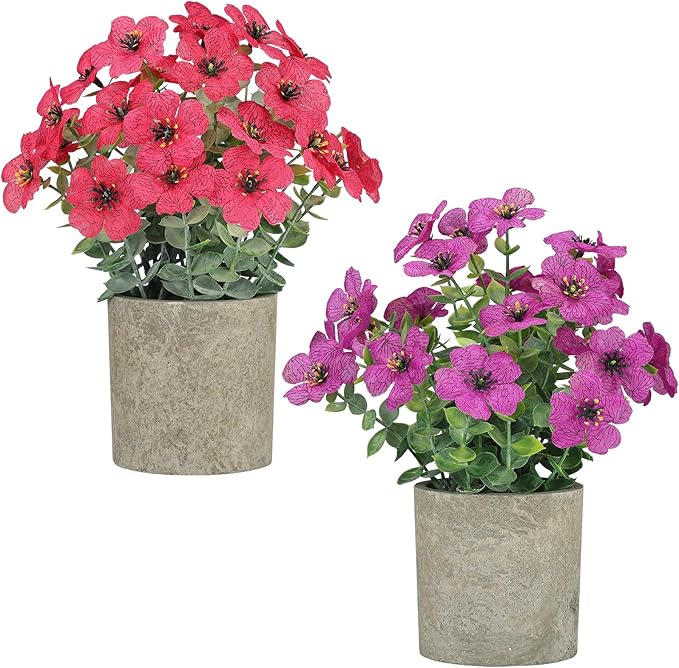 2 Pack Small Fake Plants Potted Artificial Plants Artificial Flowers Potted Faux Flower Daisy with Eucalyptus Leaves for Home Decor Office Room Farmhouse Indoor Table Bathroom Decor（Purple&magenta）