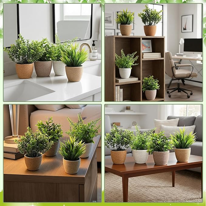 Suncalla 4 Pcs Small Woven Artificial Plants Boho Potted Fake Plants Mini Plastic Faux Eucalyptus 8.7" Greenery Indoor Farmhouse Bathroom Decor Pflanze Waterproof for Home Office Table Room Decor Gift