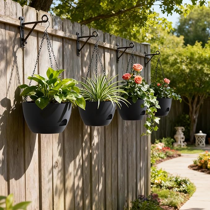 UOUZ 4 Pack 8 Inch Self Watering Hanging Planters for Indoor Outdoor Plants，Hanging Pots for Plants with Drainage Removable Tray, Hanging Baskets Flower Pots for Ivy Pothos Spider Garden Porch Black