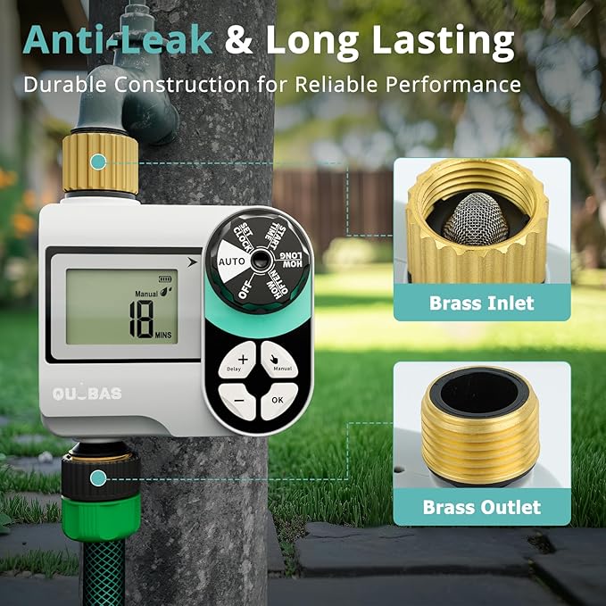 QUOBAS Brass Sprinkler Timer, Programmable Water Hose Timer for Garden Hose Faucet with Waterproof HD Screen, Rain Delay/Manual/Automatic Irrigation Watering System for Garden, Lawn, Yard