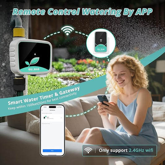 QUOBAS Smart WiFi Water Timer for Garden Hose, 1 Zone Brass Sprinkler Timer with App Control & Rain Delay/Auto/Manual 3 Modes for Drip Irrigation, Pool & Lawn, Battery Powered