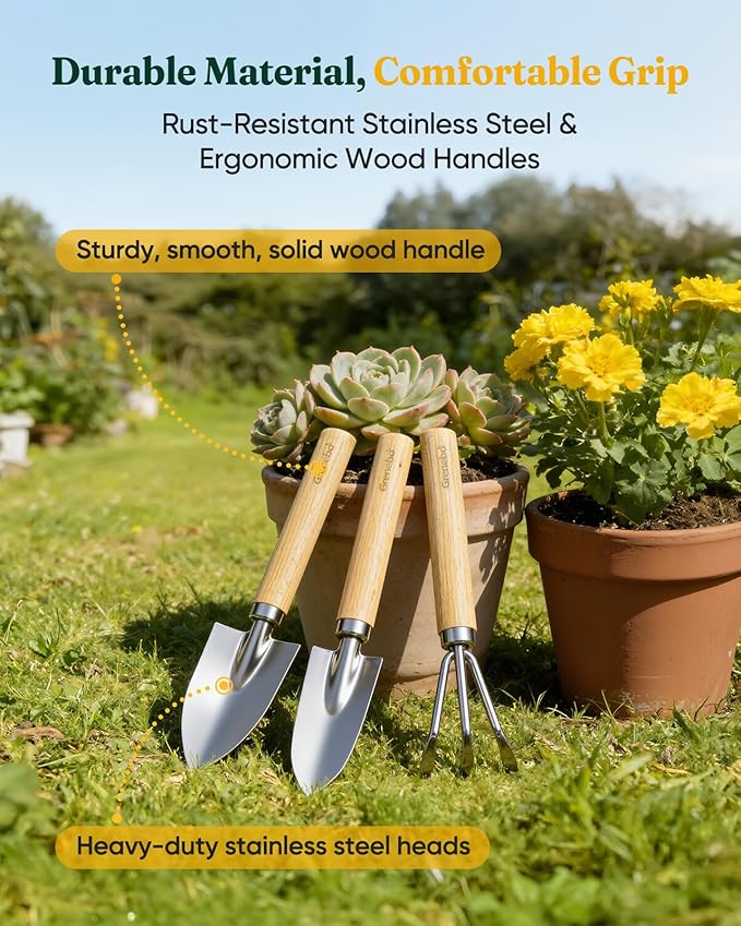 Grenebo Gardening Tools Set, 7 Piece Gardening Hand Tools with Plant Repotting Mat & Tool Bag, Stainless Steel Garden Tools for Succulent Bonsai Plants Transplanting, Gardening Gift for Women & Men