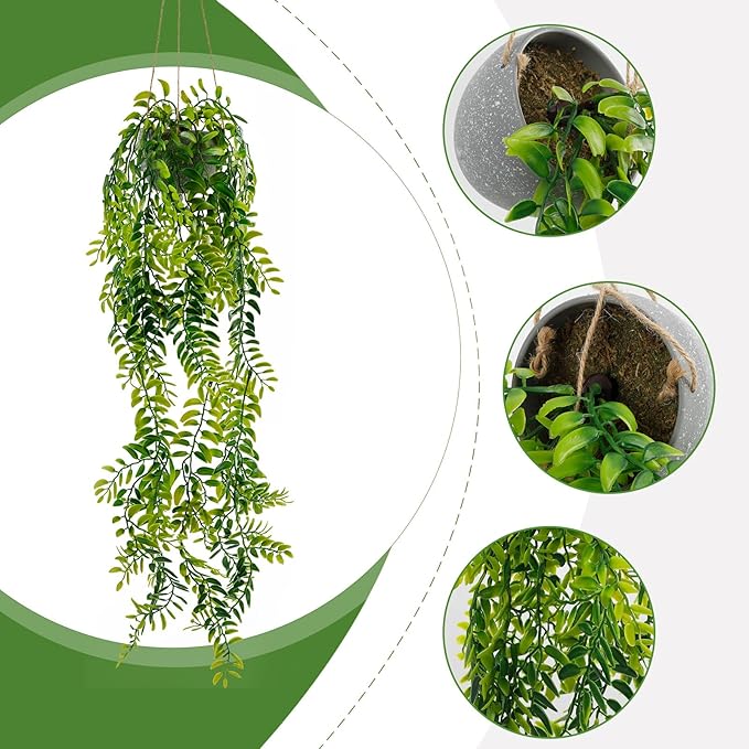 2PCS Artificial Hanging Trailing Plants in Pots,Realistic Faux Small Persian Leaf Hanging Potted for Bedroom Living Room Home Office Table Decor Indoor Outdoor