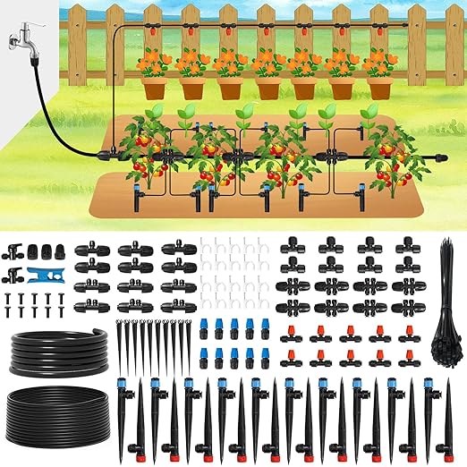 Drip Irrigation Kit Automatic Watering System 247FT Misting Sprinkler DIY Devices with 1/4" & 1/2" Tubing Hose, Adjustable Nozzle Emitters, Quick Connectors for Greenhouse, Garden, Patio
