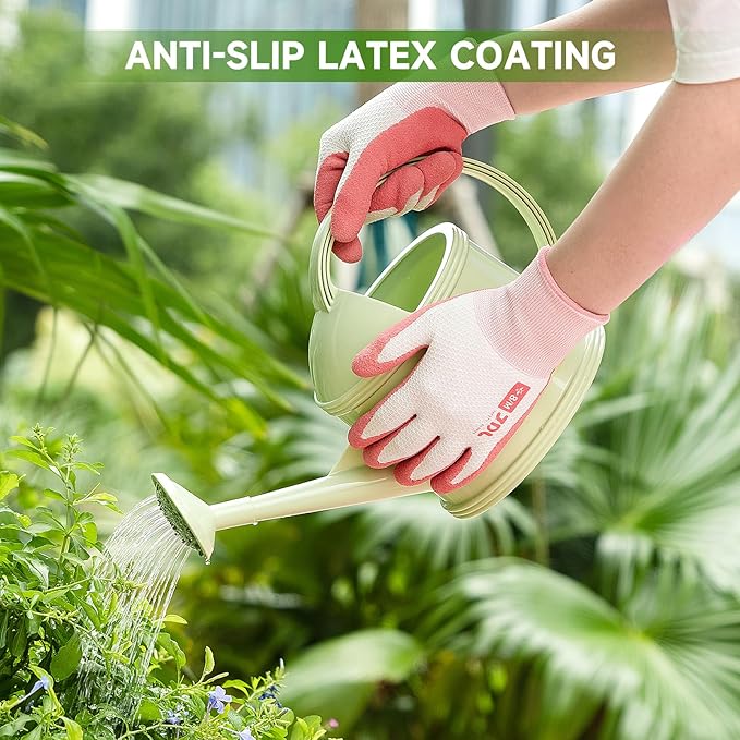 JDL Gardening Gloves for Women, 2 Pairs Breathable Latex Coated Yard Garden Gloves, Rubber Outdoor Protective Work Gloves with Grip, Pink, Small Size