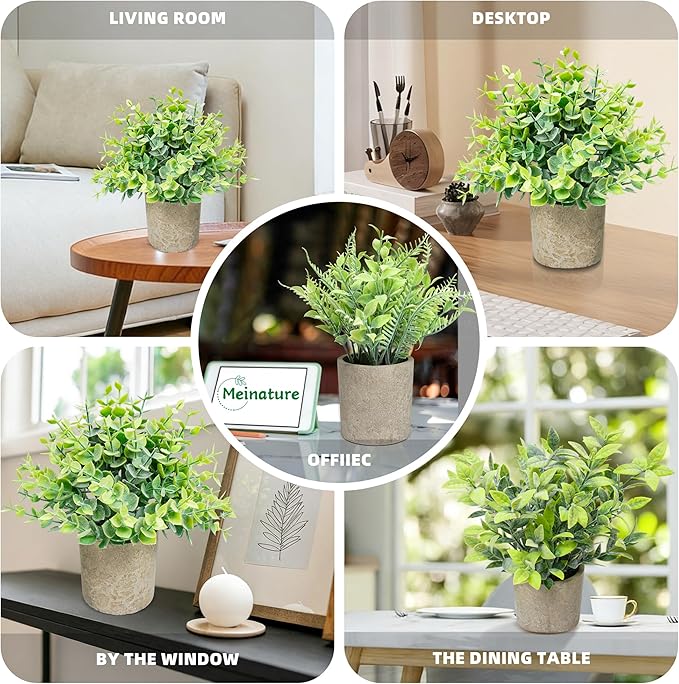 3 Pack Mini Potted Artificial Greenery, Realistic Frosted Faux Plants with Eco-Friendly Gray Pot, Lifelike Low-Maintenance Tabletop Decor for Home Office Desk Shelf