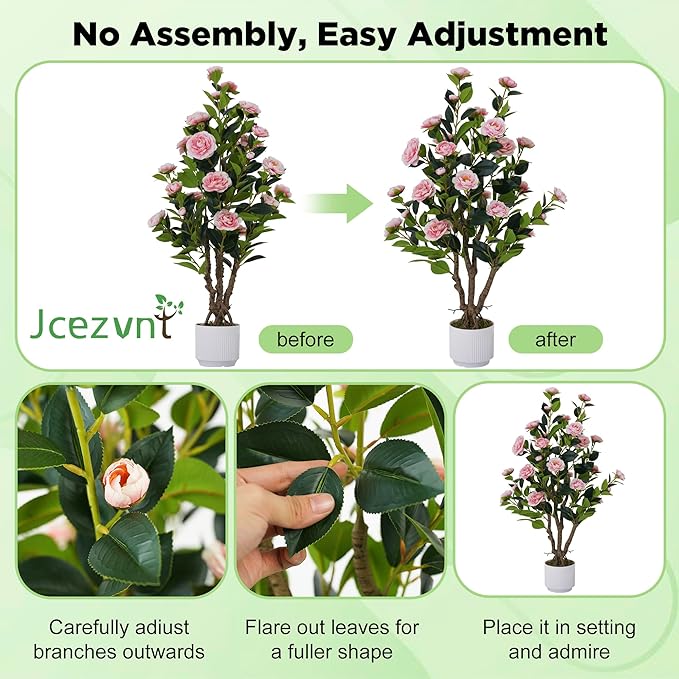 2 Pack Artificial Camellia Tree with White Pot, 38" Faux Potted Plants for Indoor Outdoor Decor, Tall Silk Greenery Plant for Home Offce Living Room Balcony, Pink