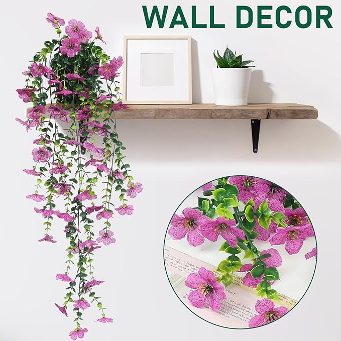 FAVOWREATH Fake Plants Hanging Artificial Potted Faux Eucalyptus Plants and Flowers for Modern Boho Farmhouse Bathroom Office Desk Wall Book Shelf Living Room Aesthetic Decor Indoor (Purple)