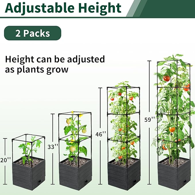 SYITCUN Tomato Planter with Trellis, 57 Inch Self-Watering Planter Box 2-Pack, Grey Planter with Metal Support for Outdoor Indoor Climbing Plants