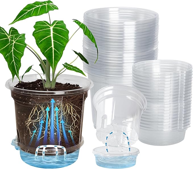 Bluepro 20 Pack 5 Inch Clear Self Watering Plant Pots with Bottom Water Tray & Watering Rope, Transparent Nursery Pots with Drainage for Seedlings, Herbs, and Houseplants