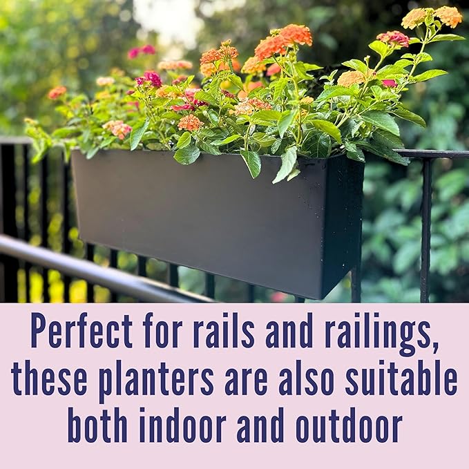 LaLaGreen Outdoor Planter Boxes (14 Inch, 4 Pack) Black Rectangular Self-Watering Railing Planters with Brackets, Hanging Window Boxes for Herbs Flowers Outdoor Plants Deck Garden Plastic Containers