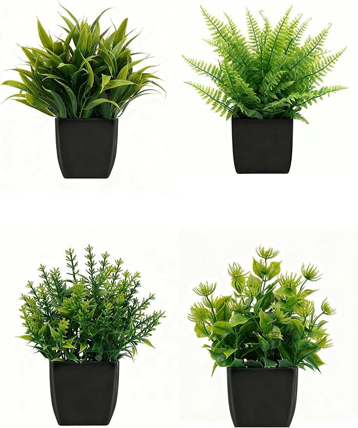 4 Pack Small Artificial Plants in Pots, Faux Mini Potted Fake Greenery Assortment for Home Office Desk Decor, Realistic Lifelike Plastic Foliage Indoor Outdoor Decoration