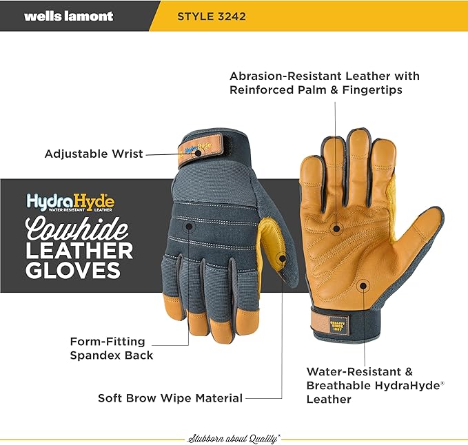 Wells Lamont Men's HydraHyde Work Gloves – Cowhide Leather, Reinforced Fingertips for Durability – Adjustable Velcro Wrist – Ideal for Gardening, Landscaping, Lawn Care – Navy - XXL