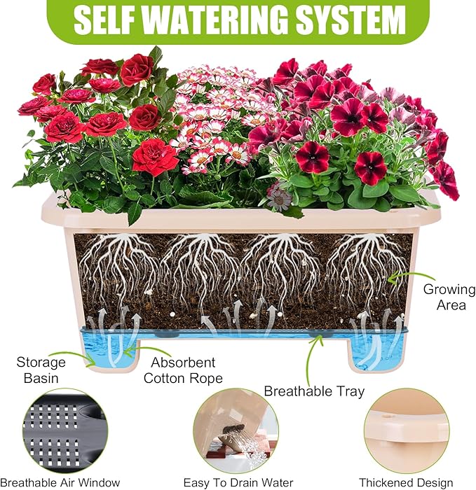 Oliz Self-Watering Rectangle Planter Boxes 8-Pack, 15.7-Inch Window Box Planter with Drainage Holes & Trays, Pots for Vegetables, Herbs, Flowers, Garden Windowsill Balcony (Yellow)