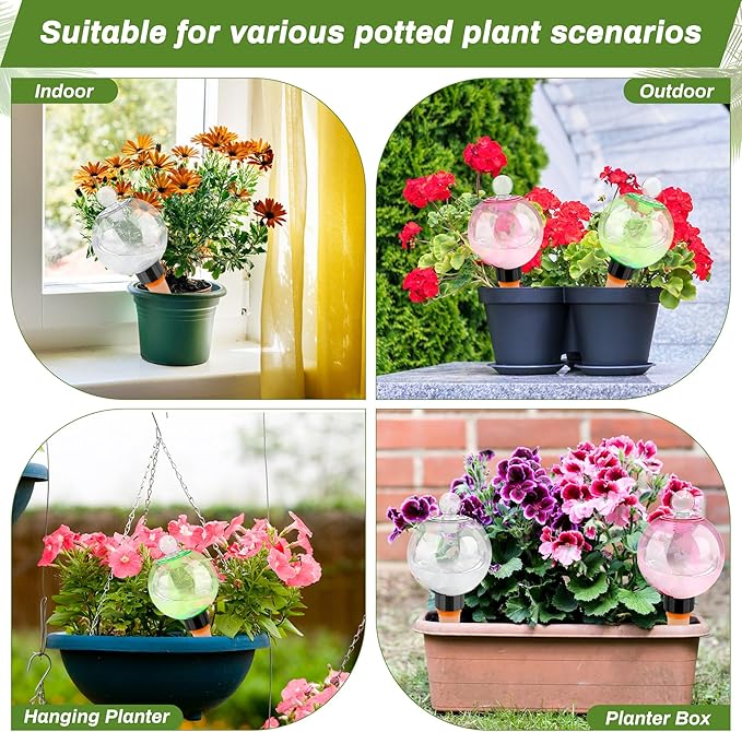 4pcs Plant Watering Globes with 4 Cleaning Brushes, Colorful Self Watering Bulbs (2 White, 1 Green, 1 Pink), Slow Release Water Spikes, Automatic Plant Watering Devices for Indoor Plants