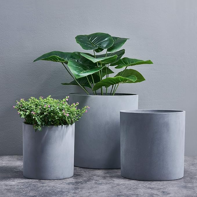 FaithLand 12 Inch Fiberstone Planter - Lightweight Modern Cylinder Plant Pot with Drainage Hole & Plug, Authentic Concrete Look, Gray