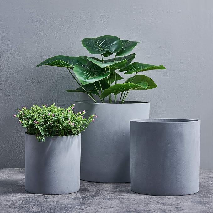 FaithLand 10 Inch Fiberstone Planter - Lightweight Modern Cylinder Plant Pot with Drainage Hole & Plug, Authentic Concrete Look, Gray