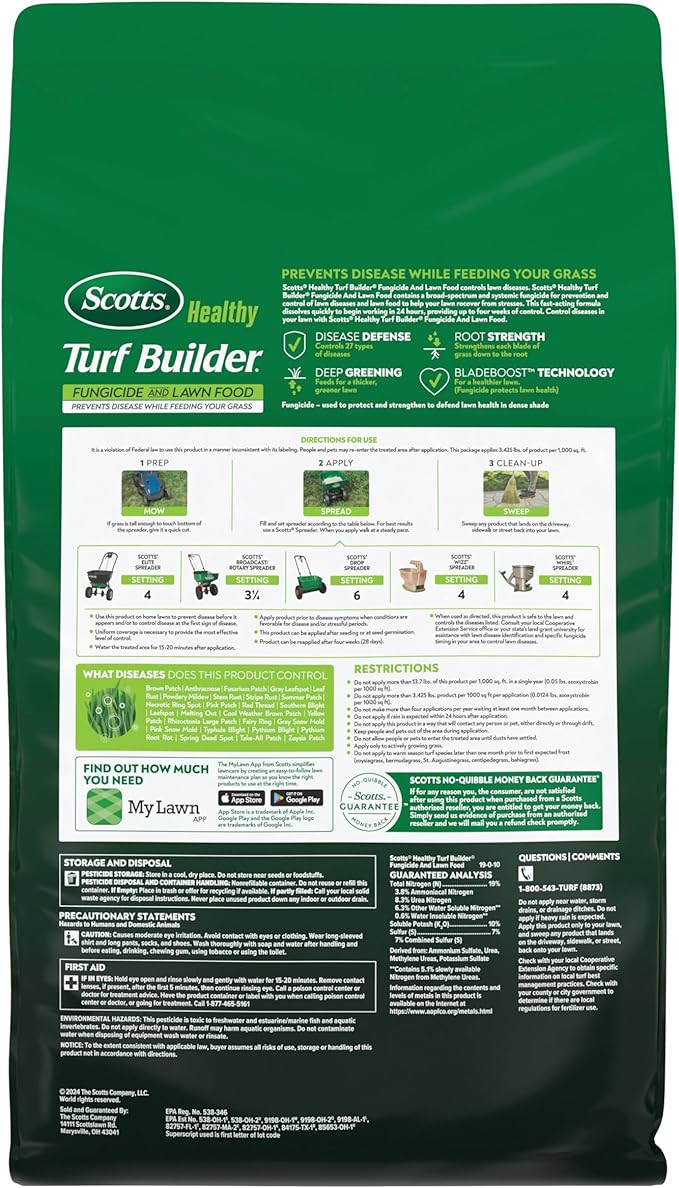 Scotts® Healthy Turf Builder® Fungicide and Lawn Food, 2-in-1 Fungicide and Fertilizer, Prevents Disease While Feeding Grass, Controls 27 Diseases - Powdery Mildew, Red Thread, Brown Patch, 27.4 lbs.