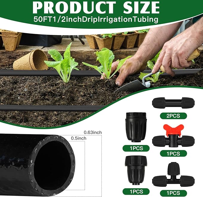 50FT 1/2" Inch Drip Irrigation Tubing Set Include Switch Valves Tees Couplings Barbed End Plugs Faucet Adapters Suitable for Home Vegetable Garden Patio Lawn Flower Bed Agricultural Irrigation