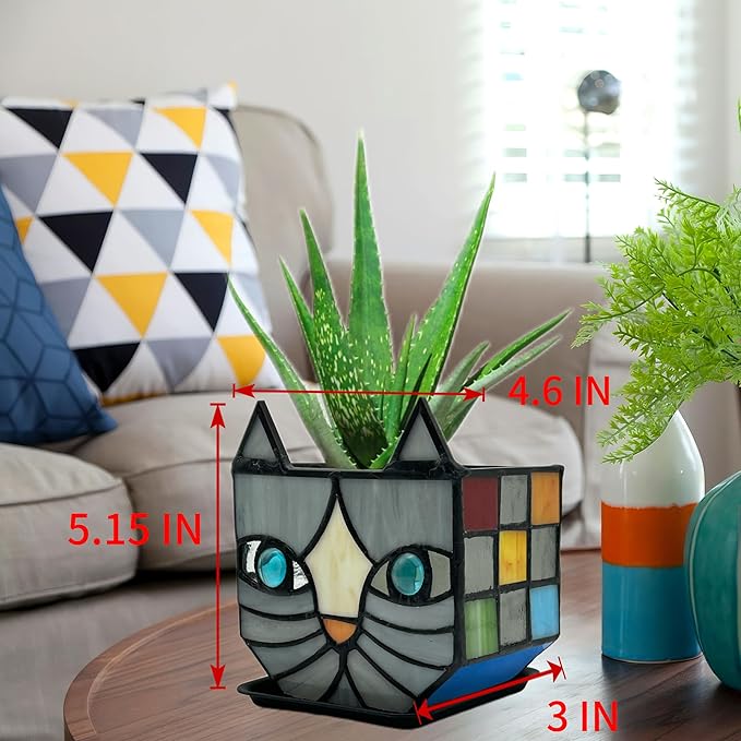 Unique Stained Glass Gray Cat Planter, Plant Pots Indoor,Indoor Flower Pots with Drainage,Window Sill Cat Decoration Gift,4.6x5.15x3IN