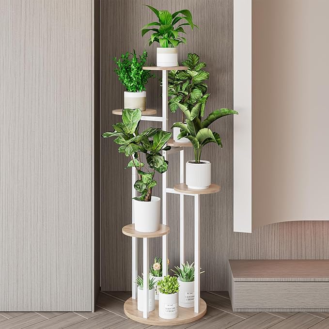 INGIORDAR Plant Stand Indoor Outdoor Corner Flower Stands Multiple Flower Pot Holder for Patio Garden Balcony Living Room 6 Tier White+Sonoma Oak