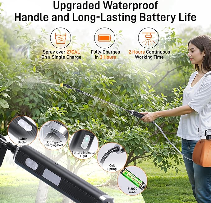 GOCHIFIX Electric Garden Sprayer 2.1 Gallon, 4 Mist Nozzles, Telescopic Wand, Adjustable Shoulder Strap, USB Rechargeable Waterproof Handle, Automatic Plant Mister for Lawn Garden