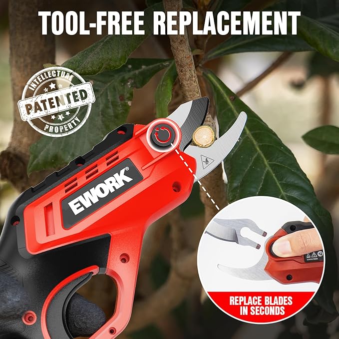 EWORK Cordless Electric Pruning Shears 4.2V Rechargeable 4000mAh Battery, 0.7 Inch Cutting Diameter, 2 SK5 Blades Tool-Free Replacement, Handheld Pruner for Garden Tree Branch Trimming