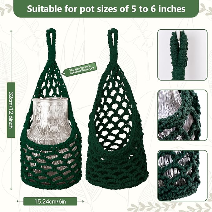 Macrame Wall Plant Hanger, Hanging Planter Basket Holder, Wall Planters for Indoor Plants, for Up to 6 Inch Pot (Green, 6-Inch)