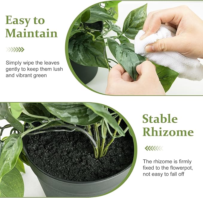 Artificial Pothos Hanging Plant, Fake Pothos with Woven Net, Realistic Faux Ivy Vine Fake Potted Plants for Shelves, Patio, Office, Living Room, Bathroom, Indoor Outdoor Decor(with Flowerpot)