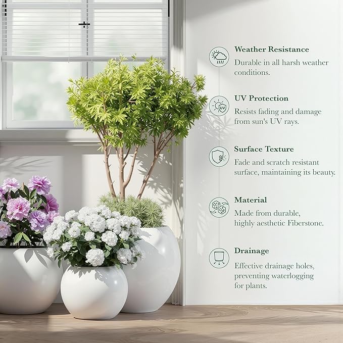 DTY Mount Sherman 12.6" D x 10'' H (Pot Opening 8.5") Fiberstone Round Planter with Drainage Hole, Smooth Finishes, Weather Resistant for Indoor and Outdoor, 2 Extra Coco Mats - White, Small