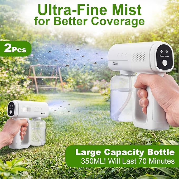 2 Pack Rechargeable Atomizer Nano Sprayer Gun for Mosquito Repellent Handheld Nano Mist Garden Repellent Sprayer Portable Plant Mister Tool Large Capacity Electric Fogger for Home Office Garden