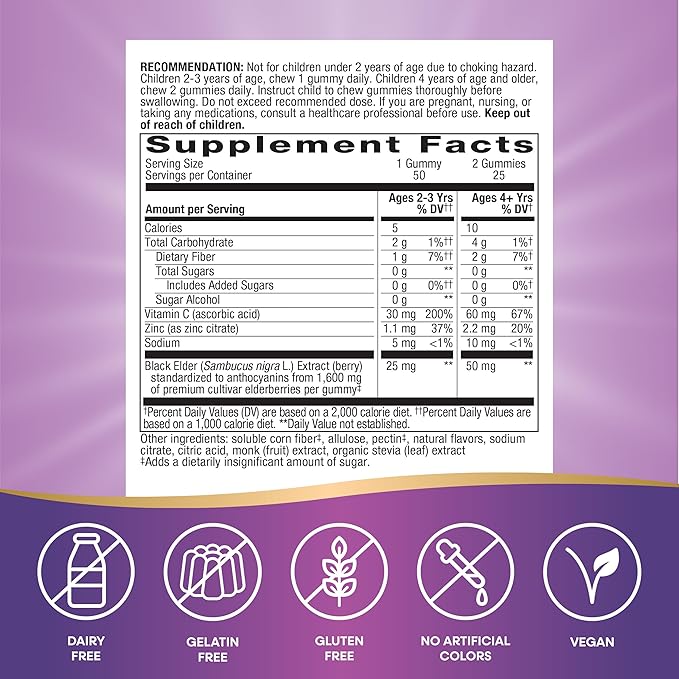 Nature's Way Sambucus Elderberry Zero Sugar Immune Gummies for Kids, Daily Immune Support*, Superfood Antioxidants(1), Black Elderberry Extract, Vitamin C, Zinc, Plant-Based Sweeteners, 50 Gummies