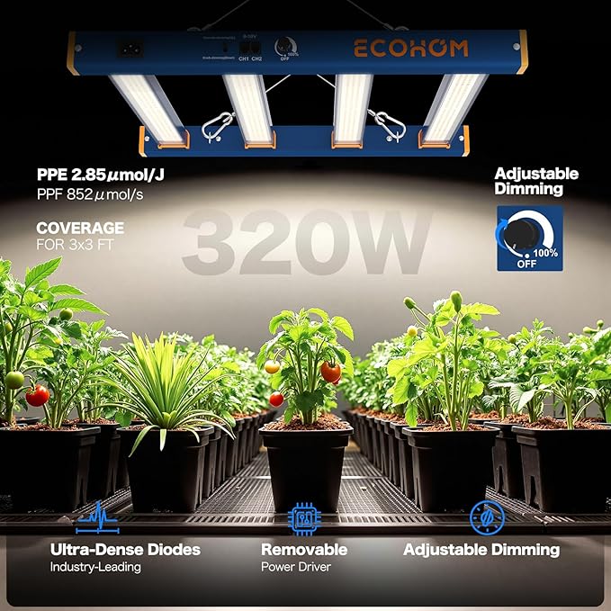 LED Grow Light, 320W Grow Lights for Indoor Plants, Full Spectrum Growing Light Plant Foldable & Hanging Growing Lamps, Daisy Chain Dimmable Grow Lamp, Commercial for 3x3ft Coverage in Grow Tent