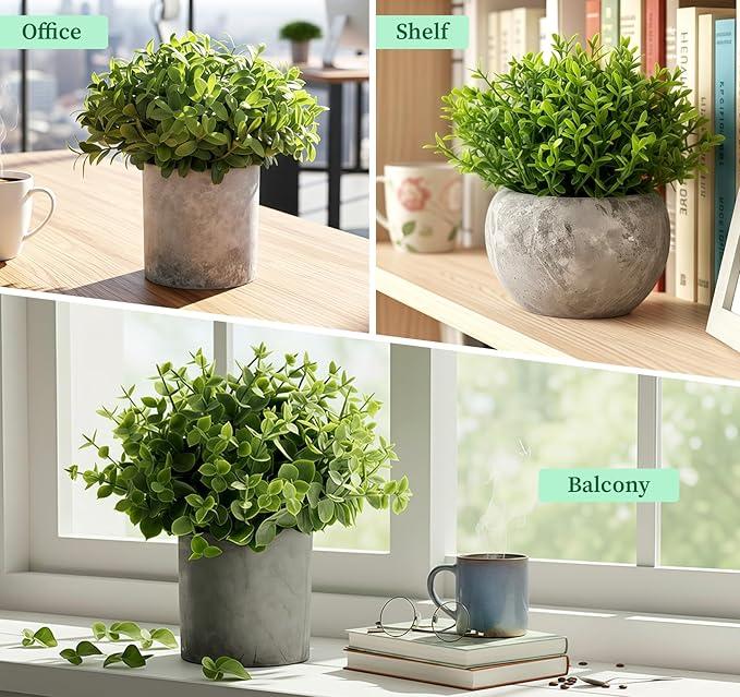 5 Pack Fake Plants, Small Artificial Plants in Pots, Faux Plants Indoor, Artificial Eucalyptus Plants for Desk Shelf Bathroom Bedroom Kitchen Living Room Office Decor Housewarming Gift