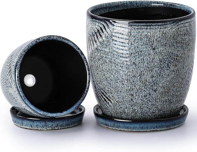 Set of 2 Ceramic Planters with Drainage Holes & Saucers - 4 + 5.75 Inch Blue & White Reactive Glaze Flower Pots - Unique Decorative Succulent Orchid Pots for Indoor Outdoor Coastal Home Decor