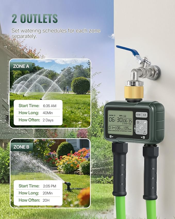 2 Zone Brass Sprinkler Timer, Garden Hose Timer, Automatic Irrigation System, Programmable Faucet, 2 Outlets, with Rain Delay, Manual Mode,Child Lock, for Yard, Garden, Lawn, Green E12WT06