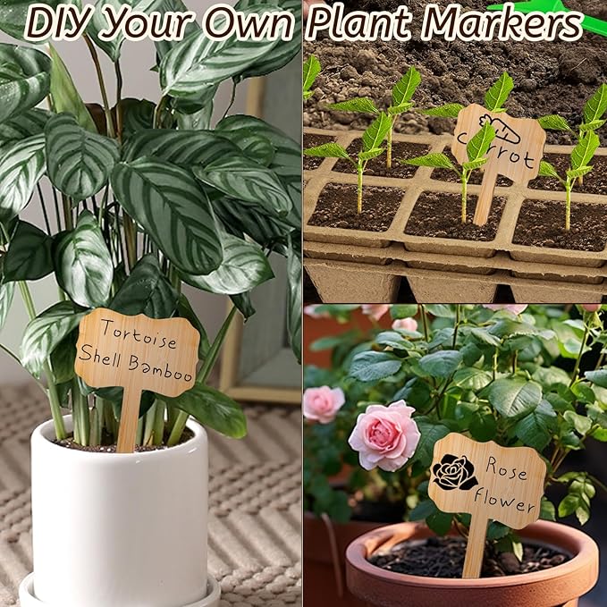 60pcs Bamboo Plant Labels with Marker Pen, Scalloped T-Type Plant Tags for Garden, Seedlings, Herbs, Vegetables, Outdoor Plant Markers (3.9" x 2.36")